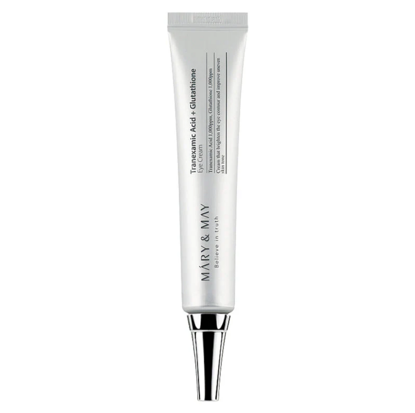 Crème contour des yeux Mary&May à l'acide tranexamique et au glutathion. Éclaircit les cernes, unifie et régénère. Soin anti-pigmentaire K-beauty.