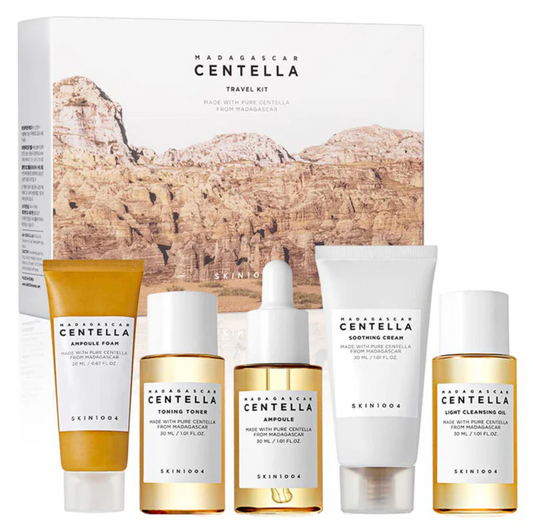 Kit voyage SKIN1004 : 5 miniatures centella asiatica. Routine complète K-beauty en format mini. Idéal pour voyager ou découvrir la gamme.